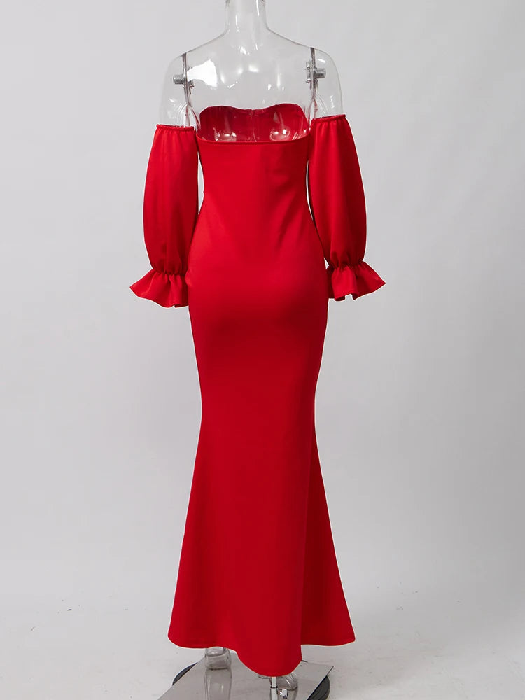 Voguable  Modern Evening Dress Strapless Lantern Sleeves Women's Evening Gowns Fish Tail Wrapped Hip Style Simple Formal Party Dresses voguable