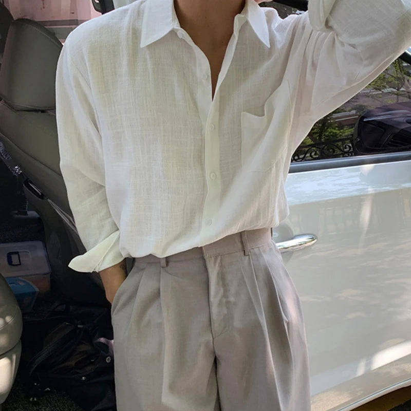 Men's Clothing Light Luxury Korean Popular Linen Shirts Streetwear Long Sleeve Solid Color Retro Leisure Thin Pocket Blouse voguable