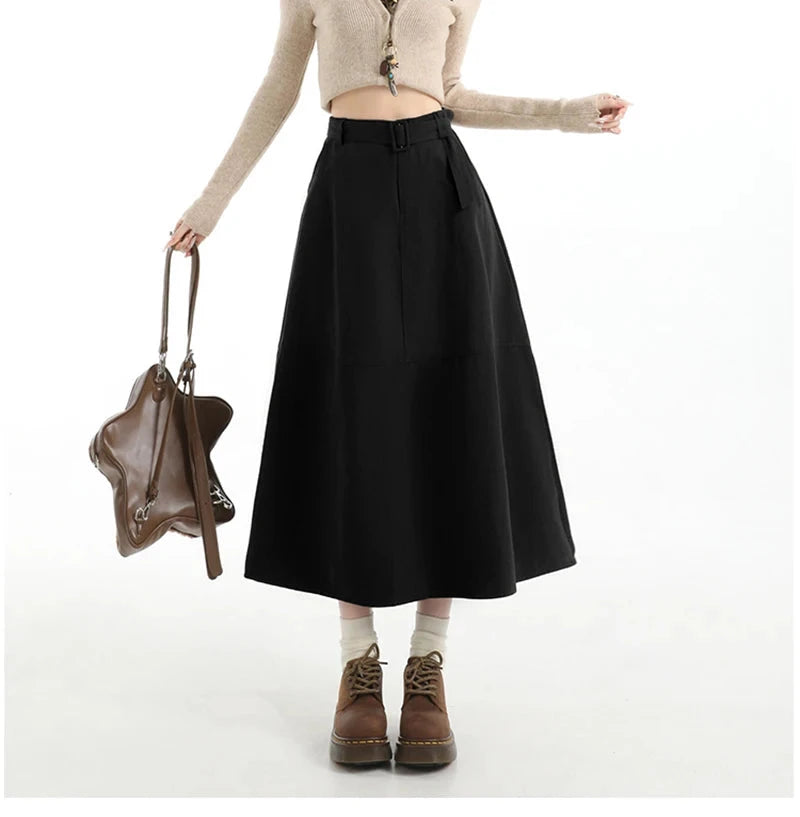 Retro Belt Long Skirt Women Casual Sweet High Waist A Line Skirts Preppy Style Fall Winter Lady Korean Vintage Long Skirts voguable
