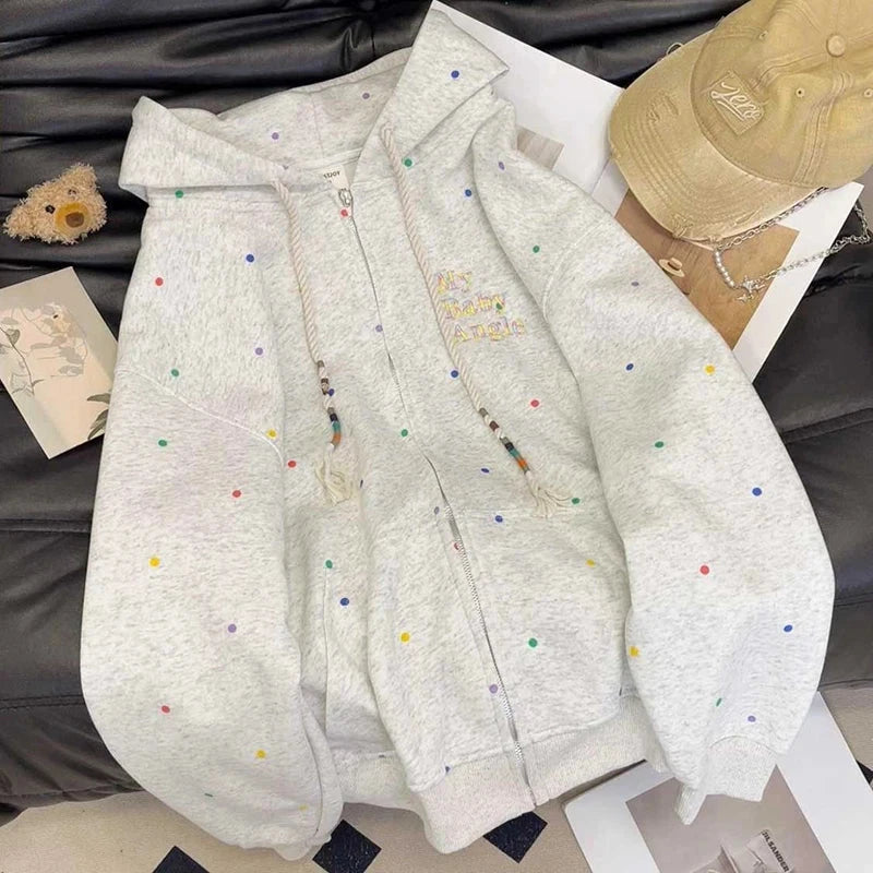 Vintage Dot Sweet Hoodies Women Letter Embroidery Cute Loose Sweatshirts Casual Preppy Style Long Sleeve Lady Japan Tops voguable