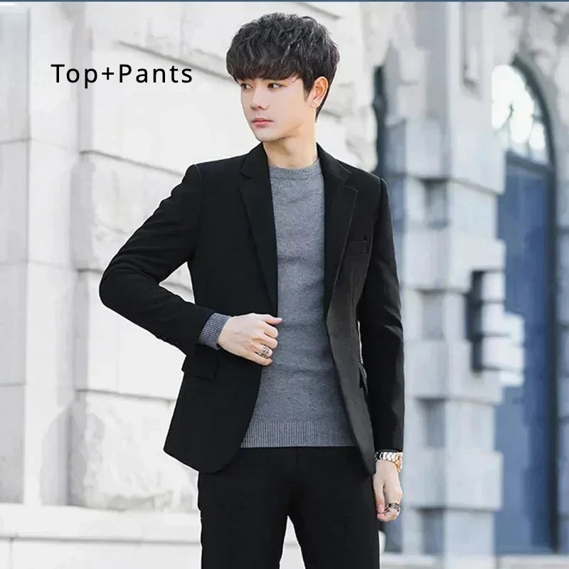 Voguable S-6XL Men's Business Casual Suit Korean Style Trendy Slim Fit 2 Piece Set Solid Color （Blazer+ Pants )Groom Wedding Dress Party voguable