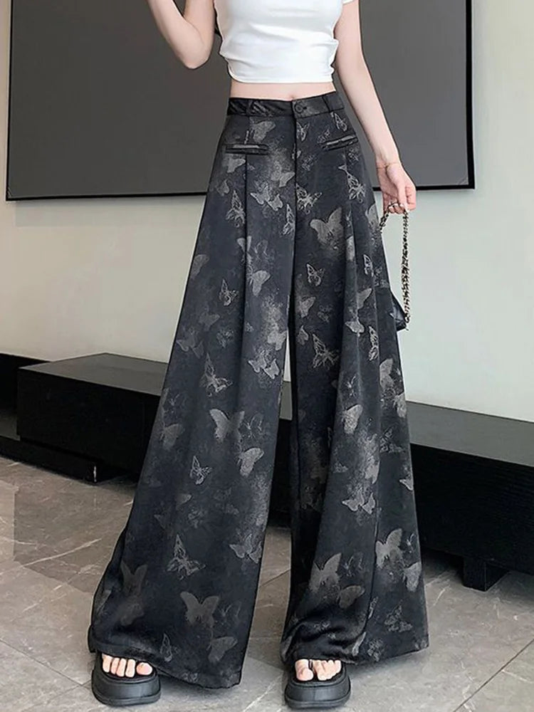 Bufferfly Print Satin Wide Leg Pant Women Loose Elegant Fashion High Waist Korean Trousers Casual Sweet High Quality Pants voguable