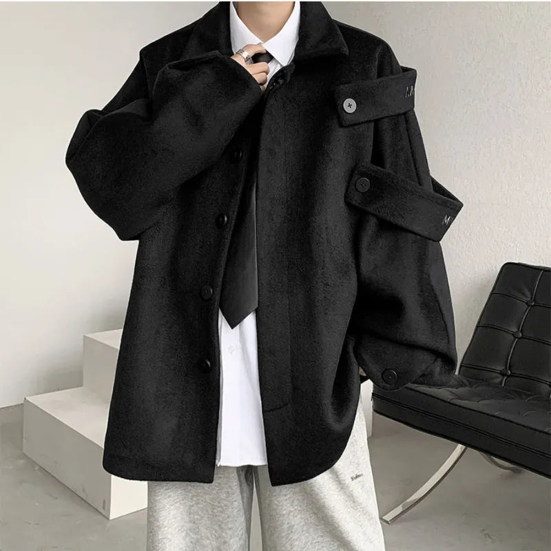 Streetwear Woolen Coat Men's  Autumn Winter Minority Lapel Jacket American Retro Loose Casual Asymmetrical Jacket