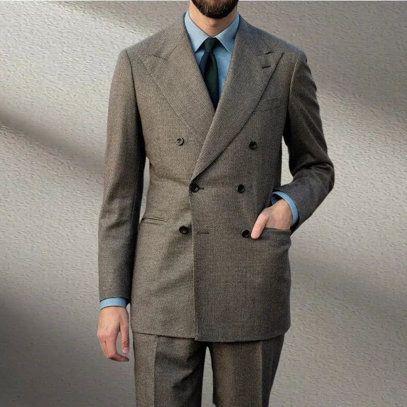 Voguable  Spring 2 Piece Woolen Blend Men's Suit  Set Tailored Double Breasted Lapel Jacket Blazer Elastic Pants Wedding Part Prom Dinner voguable