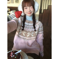 Vintage Print Knitted Cardigan Women Japanese Long Sleeve Sweater Outerwear Winter Aesthetic Pink Knitwear Korean Jumpers voguable