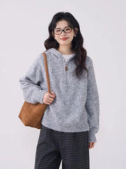 Korean Vintage Gray Sweaters Women Long Sleeve Casual Simple Knitted Hooded Jumper Retro Loose All Match Female Fall Winter Tops voguable