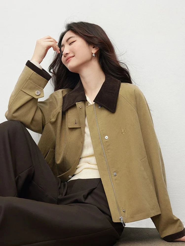Vintage Casual Khaki Jacket Women Long Sleeve Patchwork High Quality Coat Korean All Match Women Fall Winter Embroidery Top voguable