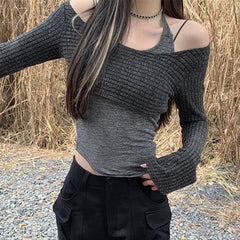 Voguable  Women Solid Color Tank Tops Tie-Up Halter Neck Sleeveless Backless Vests with Long Sleeve Crop Tops Knit Smock Cover-Ups voguable