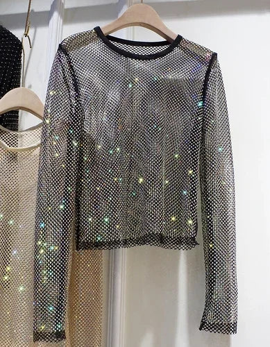 Voguable  Summer New Ladies Temperament Rhinestone Round Neck Long Sleeve Bright Starlight Hollow Shiny Bottoming Shirt Women's Top Trend voguable