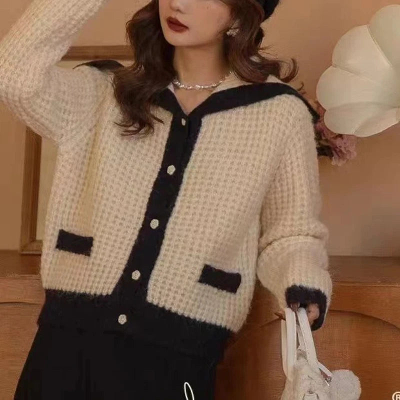 Sailor Collar Sweater Cardigan for Women Soft Waffle Knit Button Front Sweater Jacket Teen-girl Fall Winter Classic Chic Outfit voguable