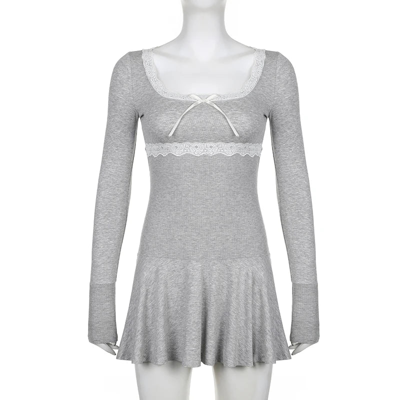 Voguable Lace Patchwork Knitted Mini Dresses Women Autumn Y2K Sweet Bow Bodycon Long Sleeve Pleated Dress Casual Korean Style voguable