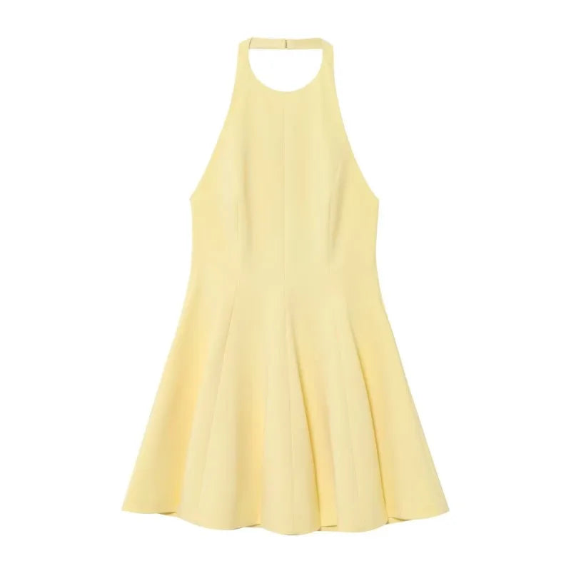 Versatile Halter Neck Backless Short Dress 2025 New A-line Zipper Solid Color Yellow Party Dress Fashion Vestidos Woman Clothing voguable