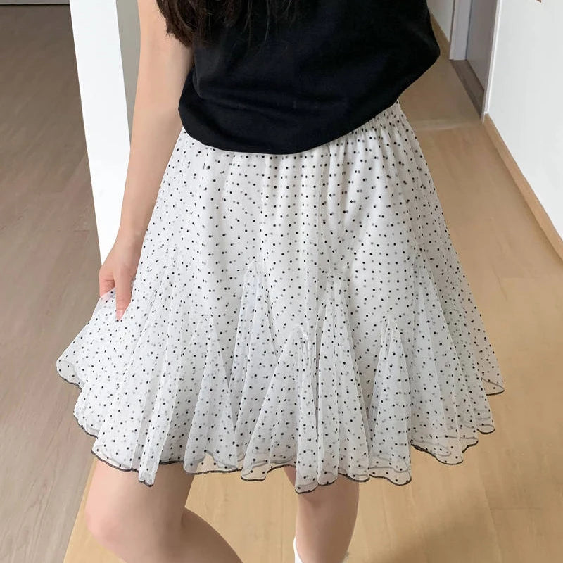 Voguable  Dot Mesh Cake Skirt Women Summer High Elastic Waist A-line Short Skirts for Woman Sweet Ballet Style Ruffles Puffy Skirt voguable