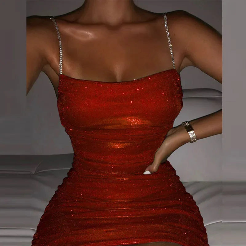 New Sexy Slash Neck Shiny Pleated Party Dress 2022 Women Fashion Elegant Backless Rhinestone Sling Mini Dresses Lady Chic Mujer voguable