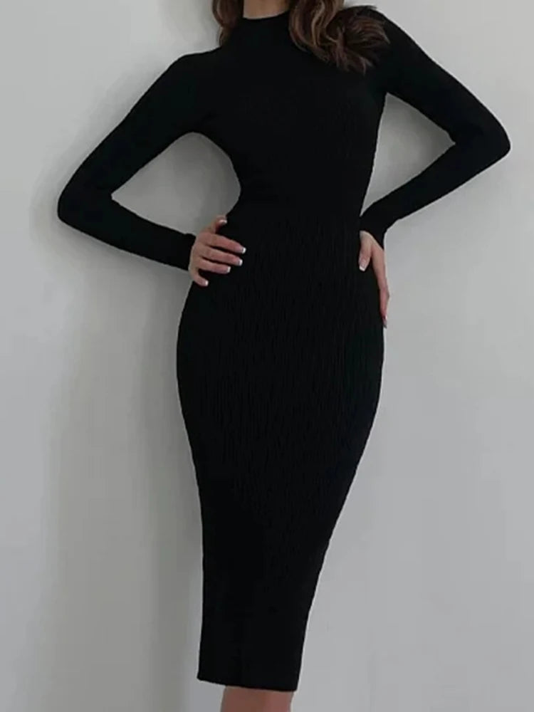 Knitted White Dress Women Elegant Fashion Turtleneck Bodycon Midi Dresses Female Autumn Winter Long Sleeve Slim Streetwear Dress voguable