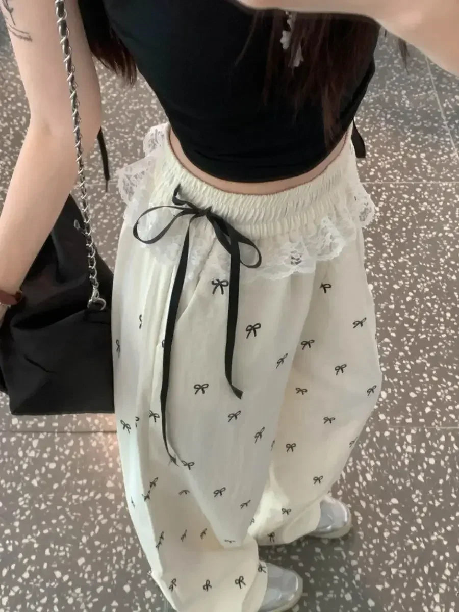 Fashion Lace Patchwork Women Casual Pants Summer Loose Preppy Bow Print Jogging Pants High Waist All Match Straight Trousers voguable