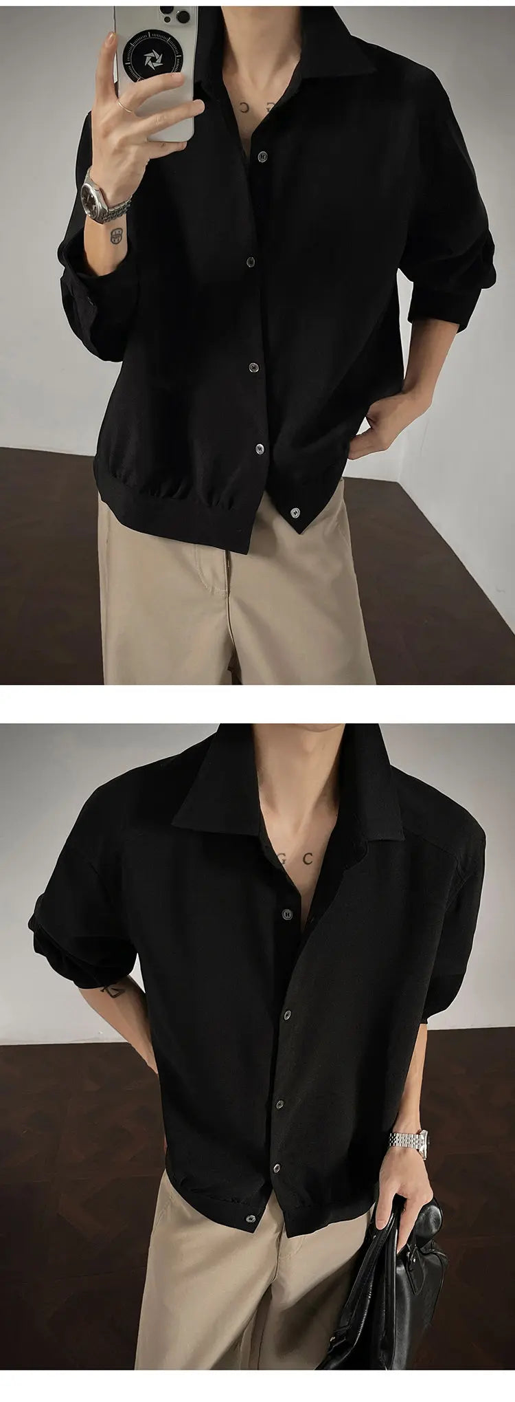 Shirt men Korean Style Loose Fit Square Neck Plain Color Long Sleeve Shirt Man Autumn New Trendy Youth Dance Shirts Oversized voguable