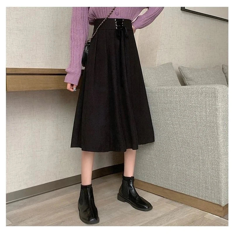Preppy Style Vintage Long Skirts Women High Waist Sweet Loose A Line Skirt Lace Up Retro Fall Winter Female Elegant Long Skirts voguable