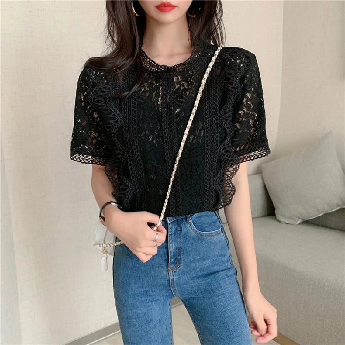 Voguable  Elegant Hollow Out Lace Shirt Woman Summer Sheer O-Neck Short Sleeve T-shirt Women Loose Crochet Flower Sun Shirts Ladies Tops voguable