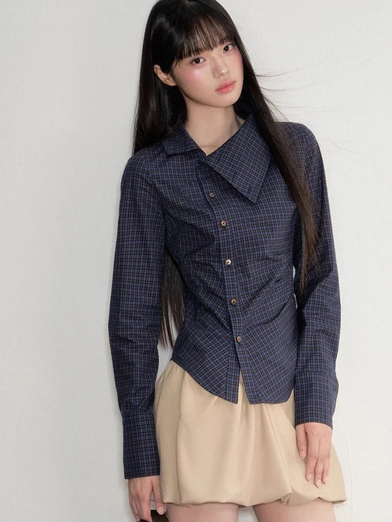 Vintage Slim Plaid Shirt Women Elegant Fall Long Sleeve Design Blouse Casual Preppy Style Female Retro Korean Sweet Tops voguable
