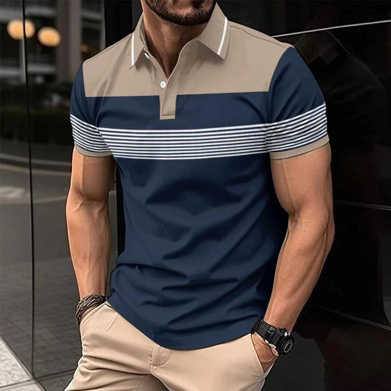Voguable  Business Casual Men Polo Shirts Summer New Lapel Striped Button Contrast Color Streetwear Fashion Office Social Short Sleeve Top voguable