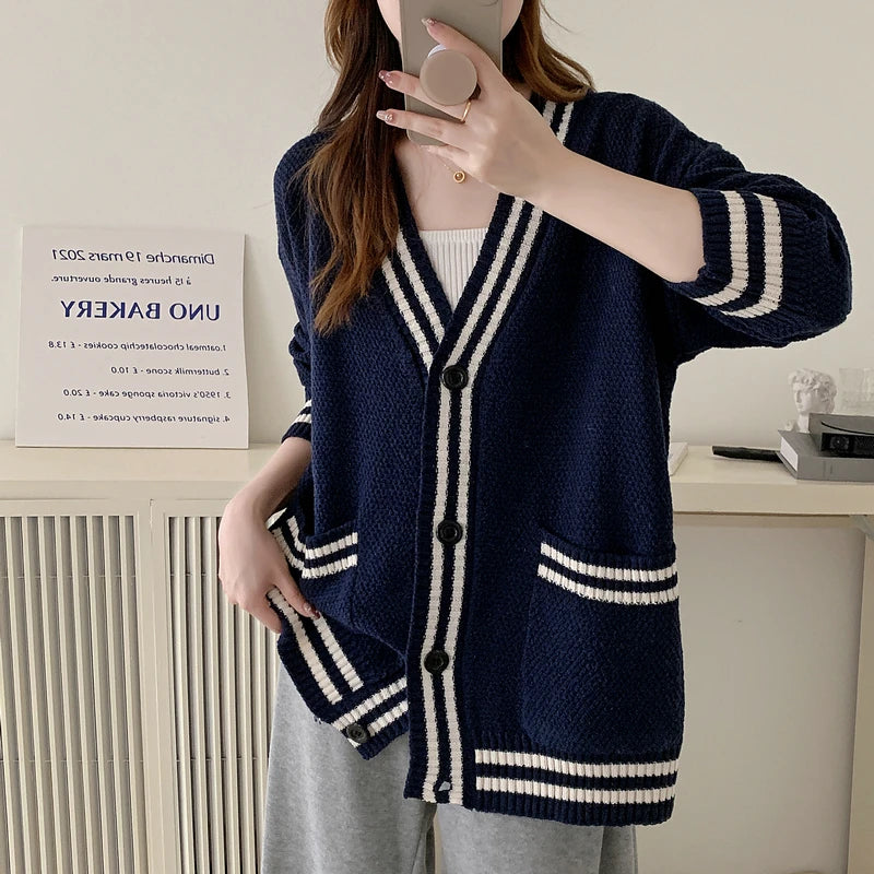 Women Cardigan Sweater Varsity Striped Front Pocket Long Sleeve Button-up Knit Sweater Jacket College Student Girl Preppy Style voguable
