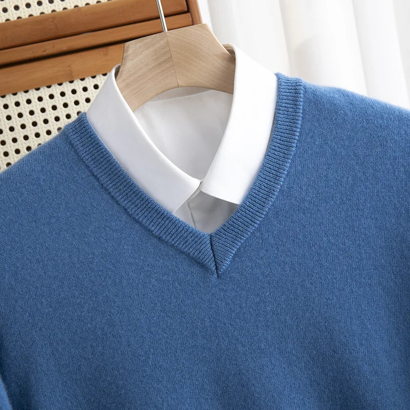 Men 100% Merino Wool Sweater V-Neck Pullover Autumn Winter Cashmere Warm Solid Knitwear Clothes Business Bottoming Soft Tops voguable