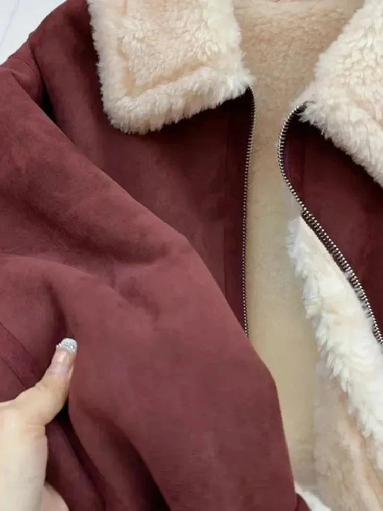 Faux Lamb Suede Jacket Women Winter Warm Long Sleeve Vintage Cotton Coat Korean Casual Lady Thick Long Sleeve Retro Tops voguable