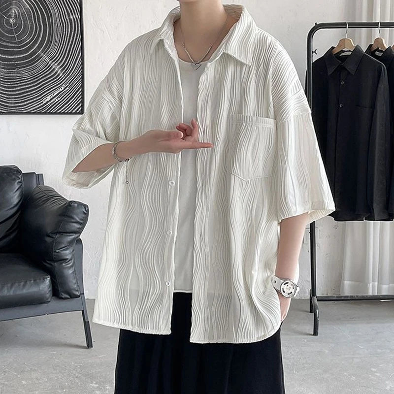 Voguable Men's Clothing Straight Tops Man Turn-down Collar Shirts Spring Summer Thin Temperament Handsome Button Pockets Short Sleeve voguable