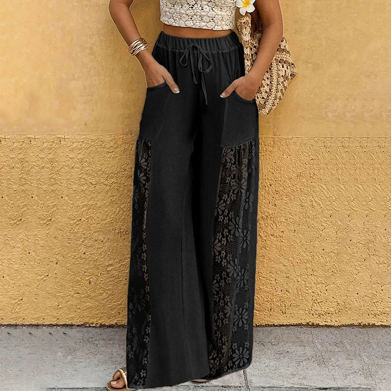 Voguable  Summer Lace Patchwork High Waist Drawstring Pockets Loose Fit Wide-leg Pants Casual Beach Vacation Comfortable Trousers Clubwear voguable