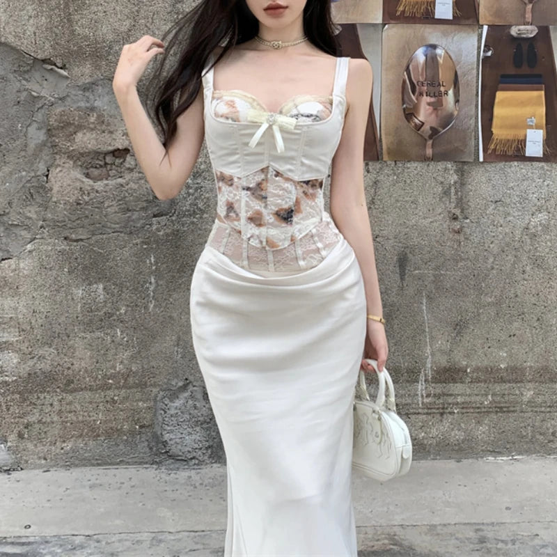Voguable 2024 Spring Streetwear Contrast Color Printed Bow Sexy Camisole Women + Lace Spliced Casual Mid-Length Skirt Two-Piece Suit voguable