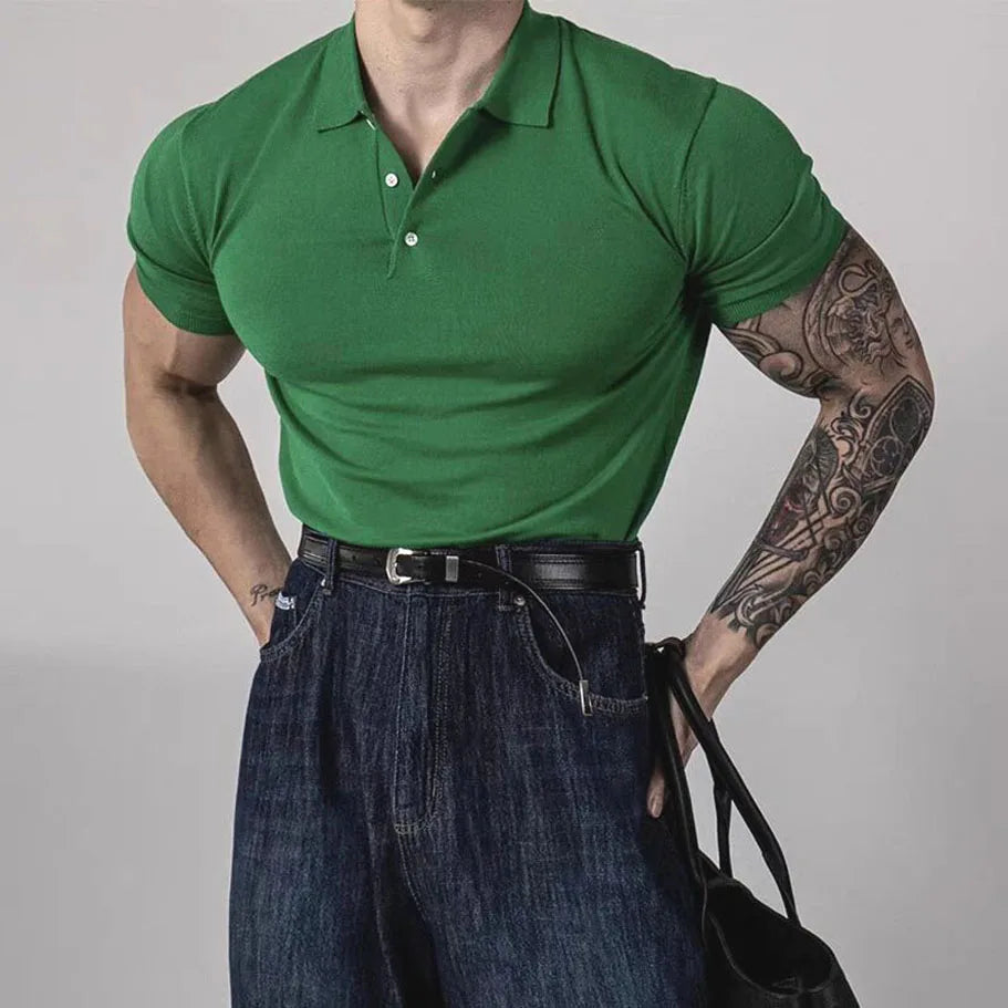 Voguable  American Style Hard Man  Color Ice Silk  Shirt Muscle Men Slim Short Sleeve Workwear T-Shirt Tight Sleeve Casual Gol... voguable