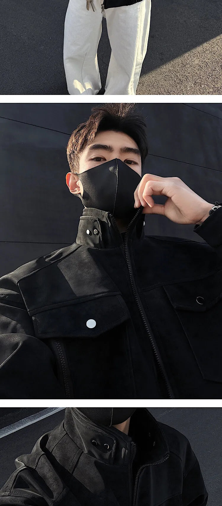 Mens Short Stand Collar Motorcycle Jacket Patchwork Cargo Biker Coat Spring Outdoor Riding Fashion Streetwear Urban Trendy voguable