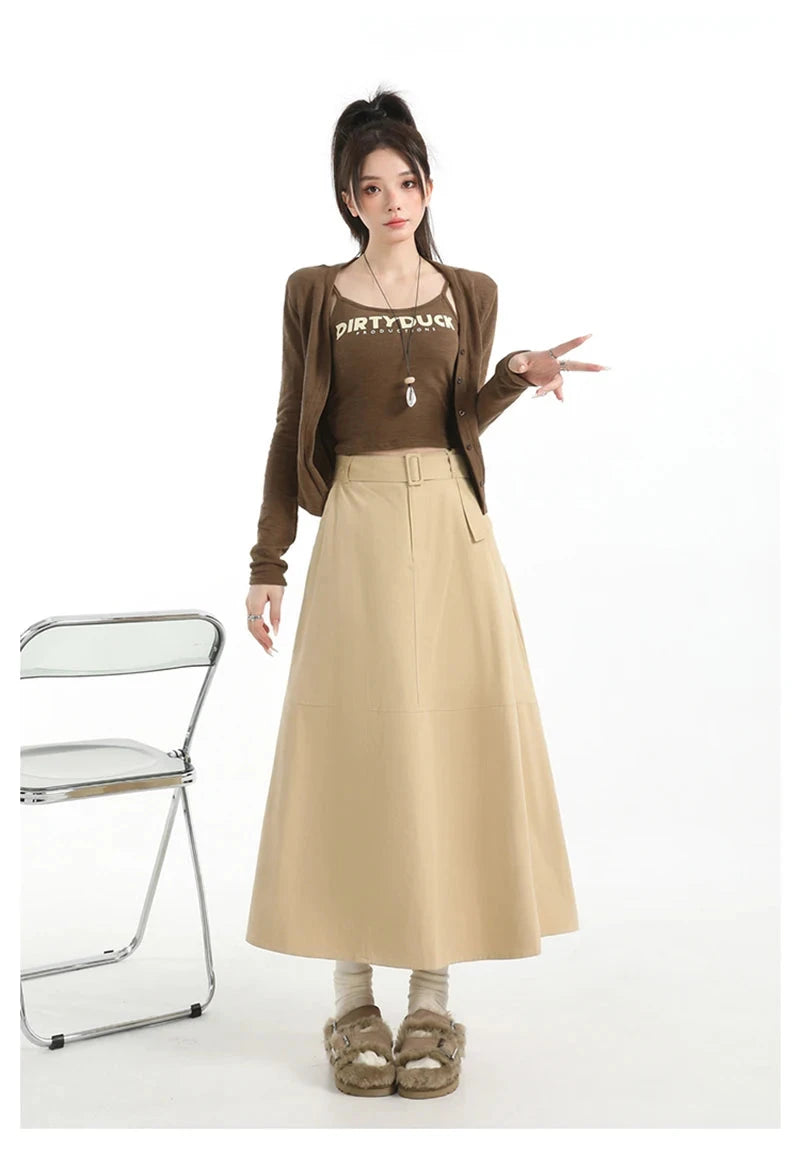 Retro Belt Long Skirt Women Casual Sweet High Waist A Line Skirts Preppy Style Fall Winter Lady Korean Vintage Long Skirts voguable
