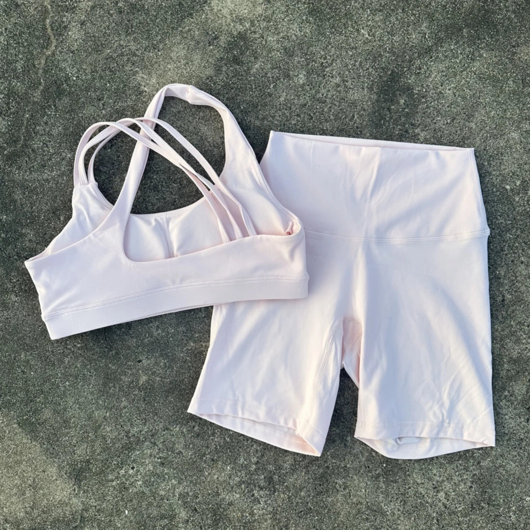 Voguable  Solid Color High Waist Gym Yoga Short Legging Set Tight Women Cross Back High Impact Shoulder Strap Fitness Bra Top Sportwear voguable