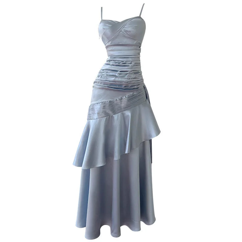 Fashion Folds Slim Dress Women's Irregular Ruffled Edge Waist Cinching Suspender Dresses 2025 Summer New Tide 3QW1329 voguable