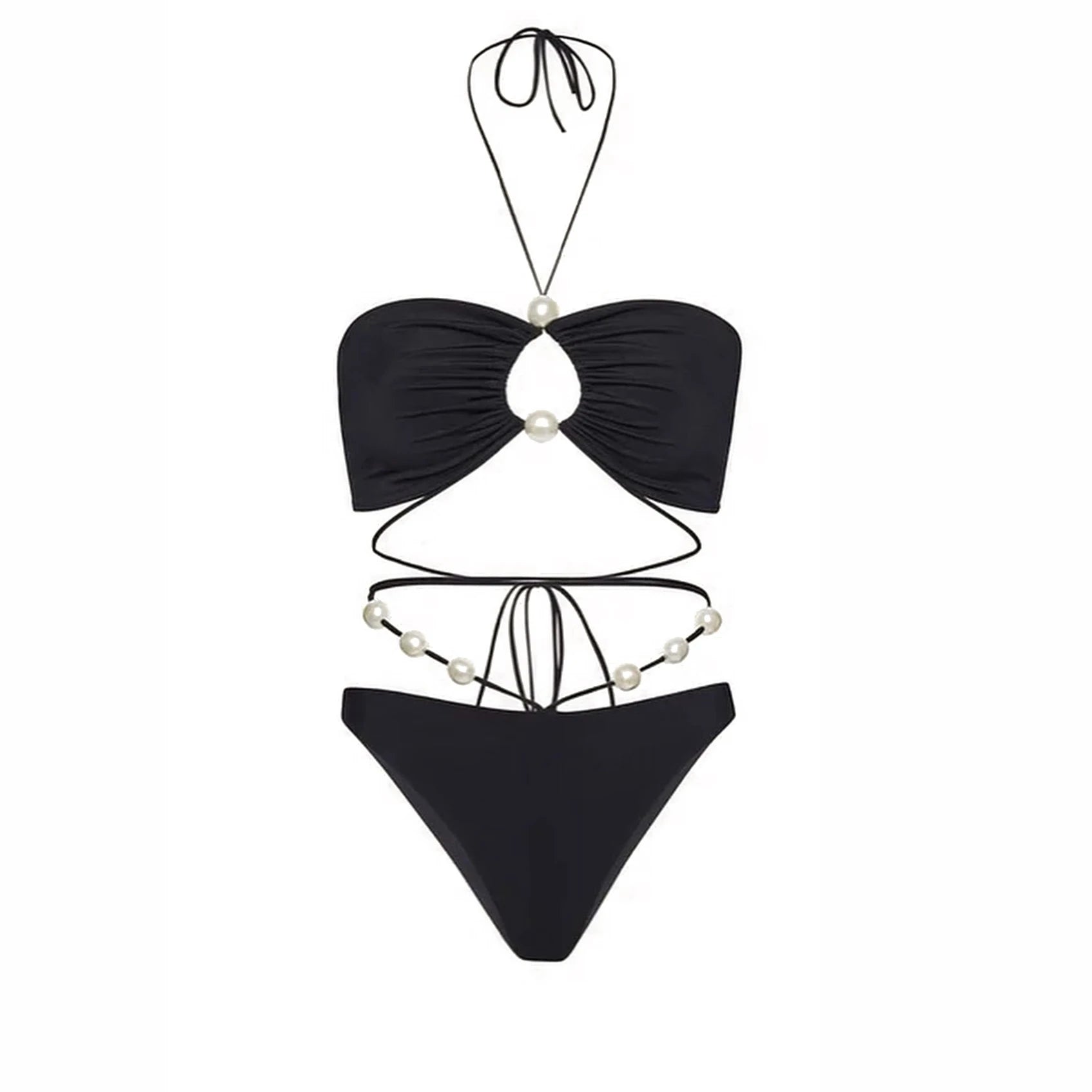 3Pcs Sexy Bikini Set With Cover Up Pearls White Swimsuit Women Halter Swimwear Female Off Shoulder Bathingsuit Biquini Beachwear voguable