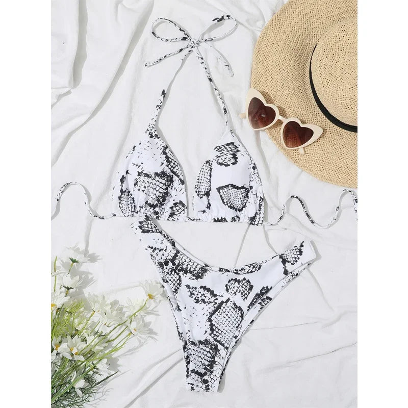 Voguable  Two Piece Bikini Set Women New High Waist Swimsuit Sexy Triangle Cup V-neck Suspender Bathing Suit Summer Beach Swimwear voguable