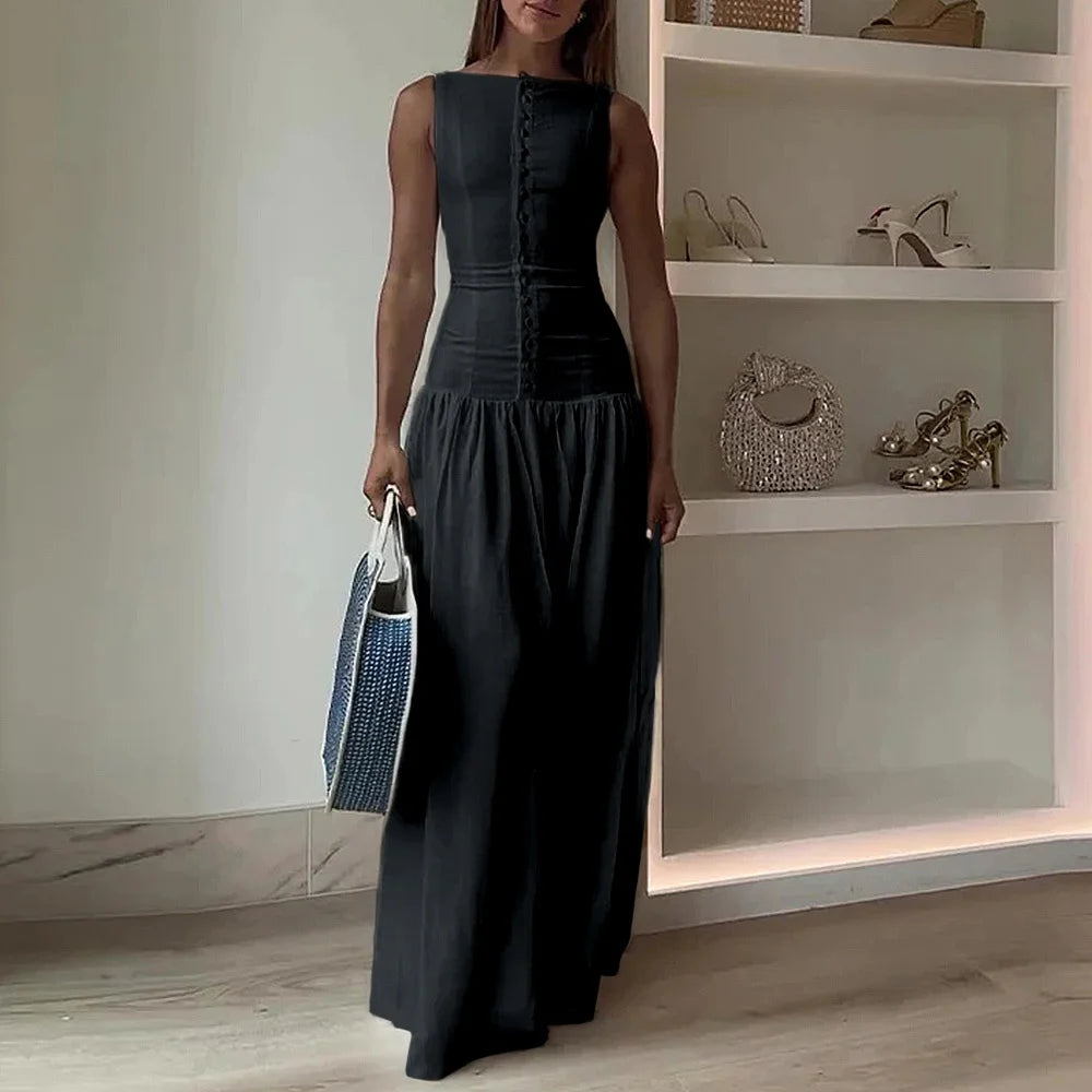 Dresses Spring Summer K-Style Skinny Fit Single Breasted Sleeveless Boat Neck Maxi Bodycon Casual Dresses For Women voguable