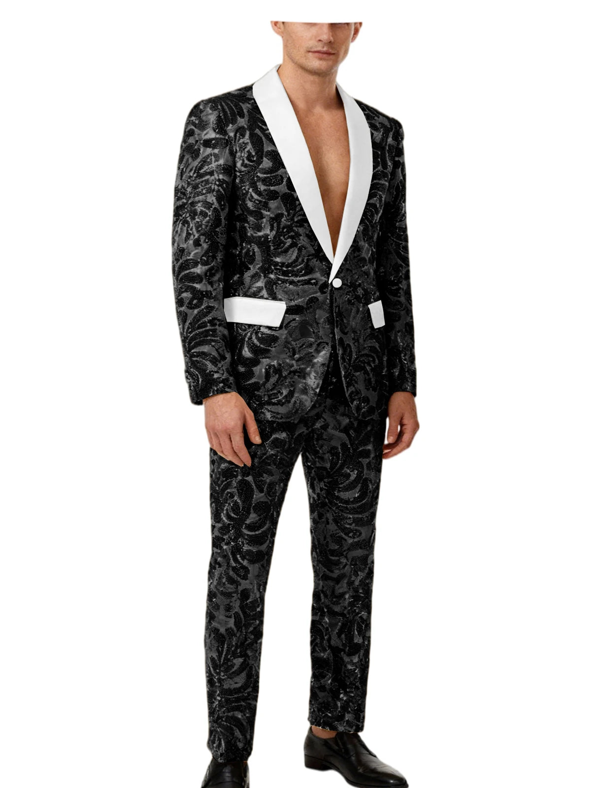 Voguable  Luxury Men's Sequin 2 Piece Set (Blazer+Pants) Shawl Collar 1 Button Slim Fit Sparkly Tuxedos Jacket Trousers for Wedding Party voguable