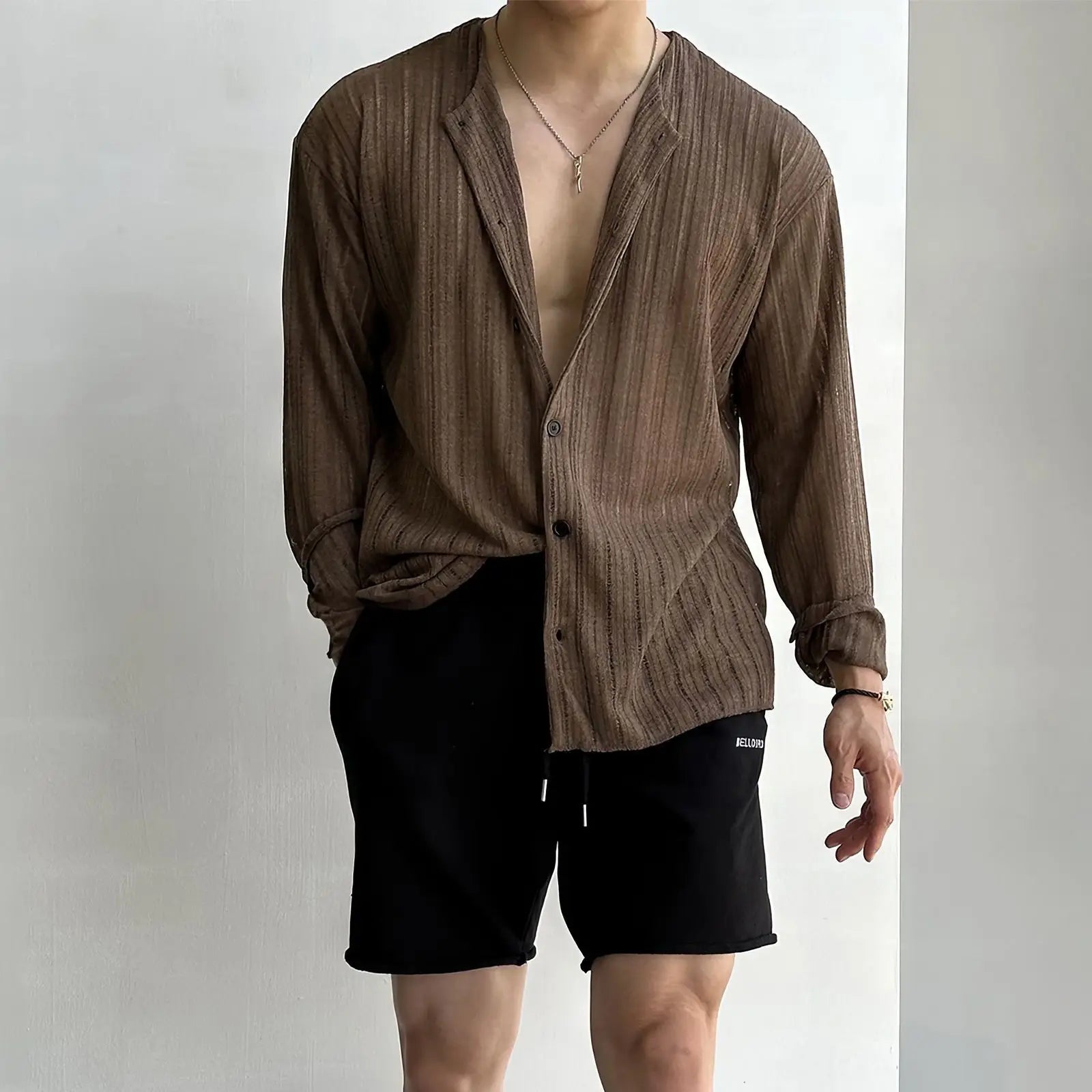 Autumn Hollow Design Knitted Cardigan Men T-shirt Korean Long Sleeve High-end Round Collar Button Holiday Hawaiian Shirt voguable