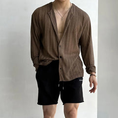 Autumn Hollow Design Knitted Cardigan Men T-shirt Korean Long Sleeve High-end Round Collar Button Holiday Hawaiian Shirt voguable