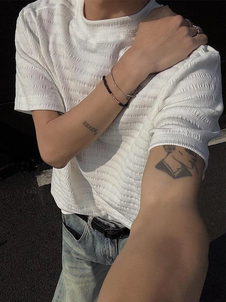 Fashion Textured Knitted T Shirts Mens Spring Summer Casual Solid Color Short Sleeve Slim Men T-shirt Trendy Crew Neck Tee Tops voguable