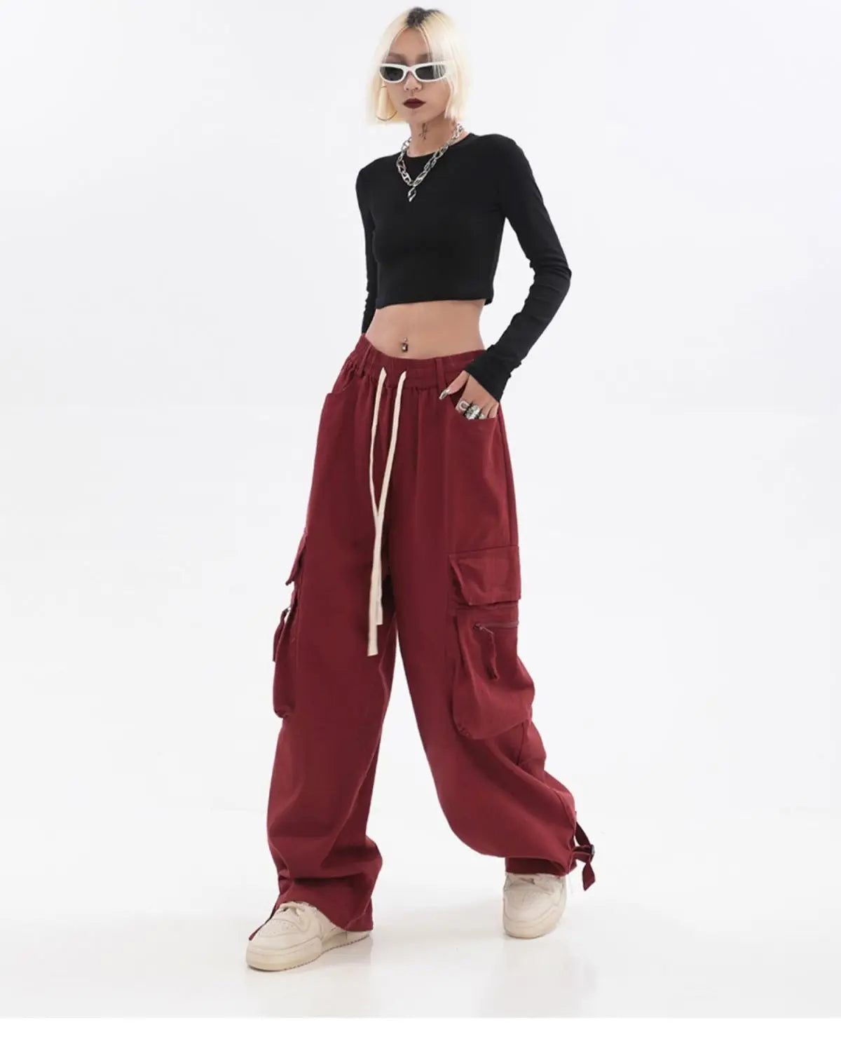 Streetwear Vintage Hip Hop Oversize Red Cargo Pants Women Drawstring Elastic Waist Loose Wide Leg Harajuku Casual Trousers 2023 voguable