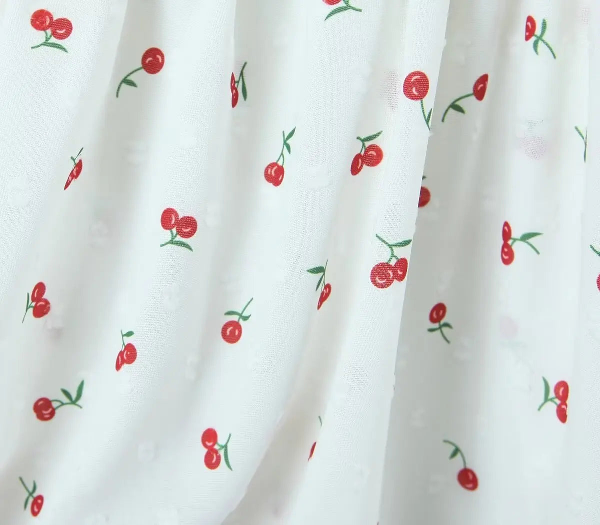 Voguable  Summer Sexy Corset Style Fruit Cherry Print Mini Dress White Retro Women Slim Waist Ruffles Hem Lantern Sleeve Cake Robe voguable
