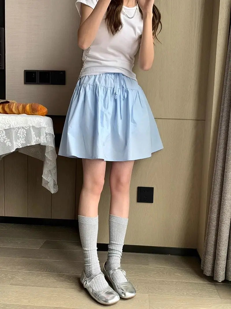 Cotton Casual Short A-line Skirt for Women High Waist Blue Elastic Waist Tie bow Sweet Loose Sports Skirt with Safety Shorts voguable