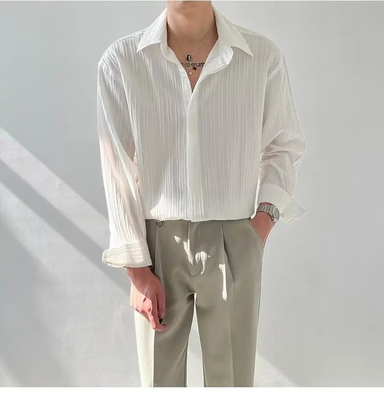 Black Apricot White Long-sleeved Shirt Men Fashion Social Mens Dress Shirt Korean Loose Casual Pleated Shirts Mens Formal Shirt voguable