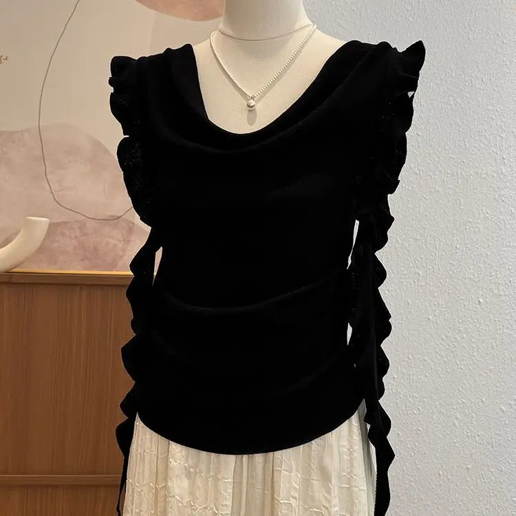 Voguable  Premium Minority Flying Sleeve Knit Tshirts Draped Neckline Lace Up Unique Mujer Camisetas Slim Elegant Casual Moda Tops voguable