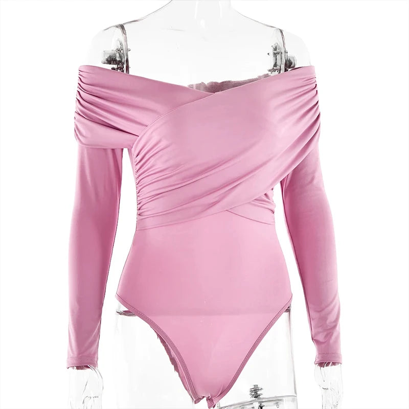 Red Sexy Off Shoulder Women's Bodysuits Fashion Crossed Folds Skinny Rompers Long Sleeve Fashion Streetwear Autumn Bodysuits New voguable