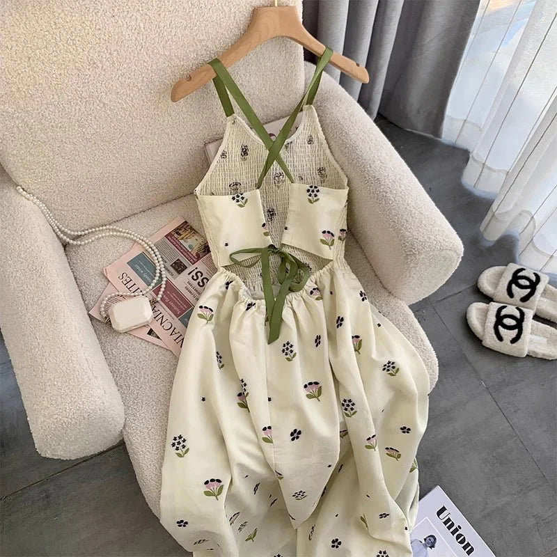 Voguable Women Round Neck Sexy Slim Fit Floral Print Suspender Dresses  Summer Casual Hollow Out High Waist Lace-up Fairy Dress voguable